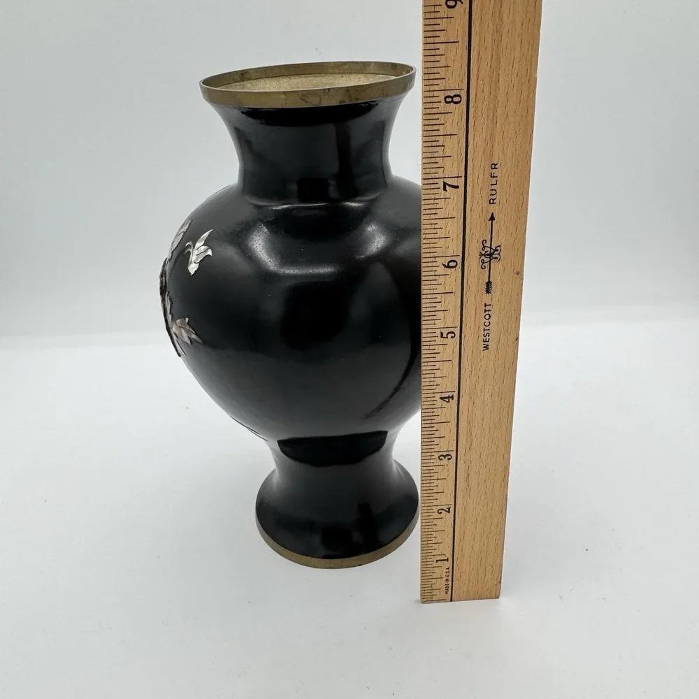 Vintage Korean Black Lacquered Brass Vase Mother of Pearl Inlaid Floral